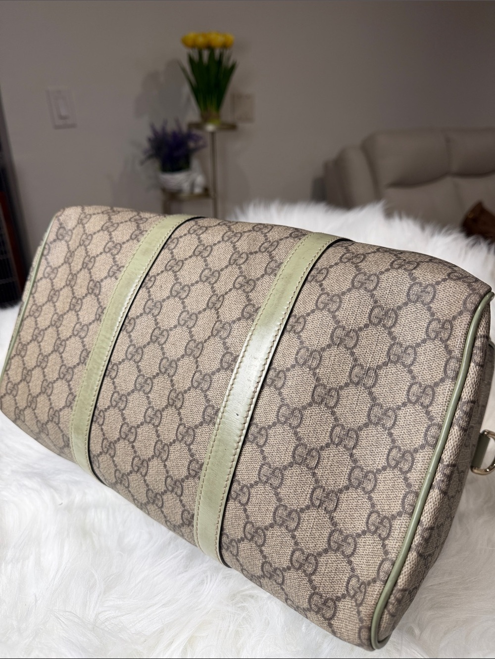💯Authentic Gucci Vintage GG Monogram Boston Bag Sage Green Patent Leather🍀 - Picture 11 of 17